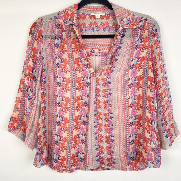 Ella Moss‎ Meadow Blouse 100% Silk Sheer Floral Pink - Size XS - Picture 2 of 8